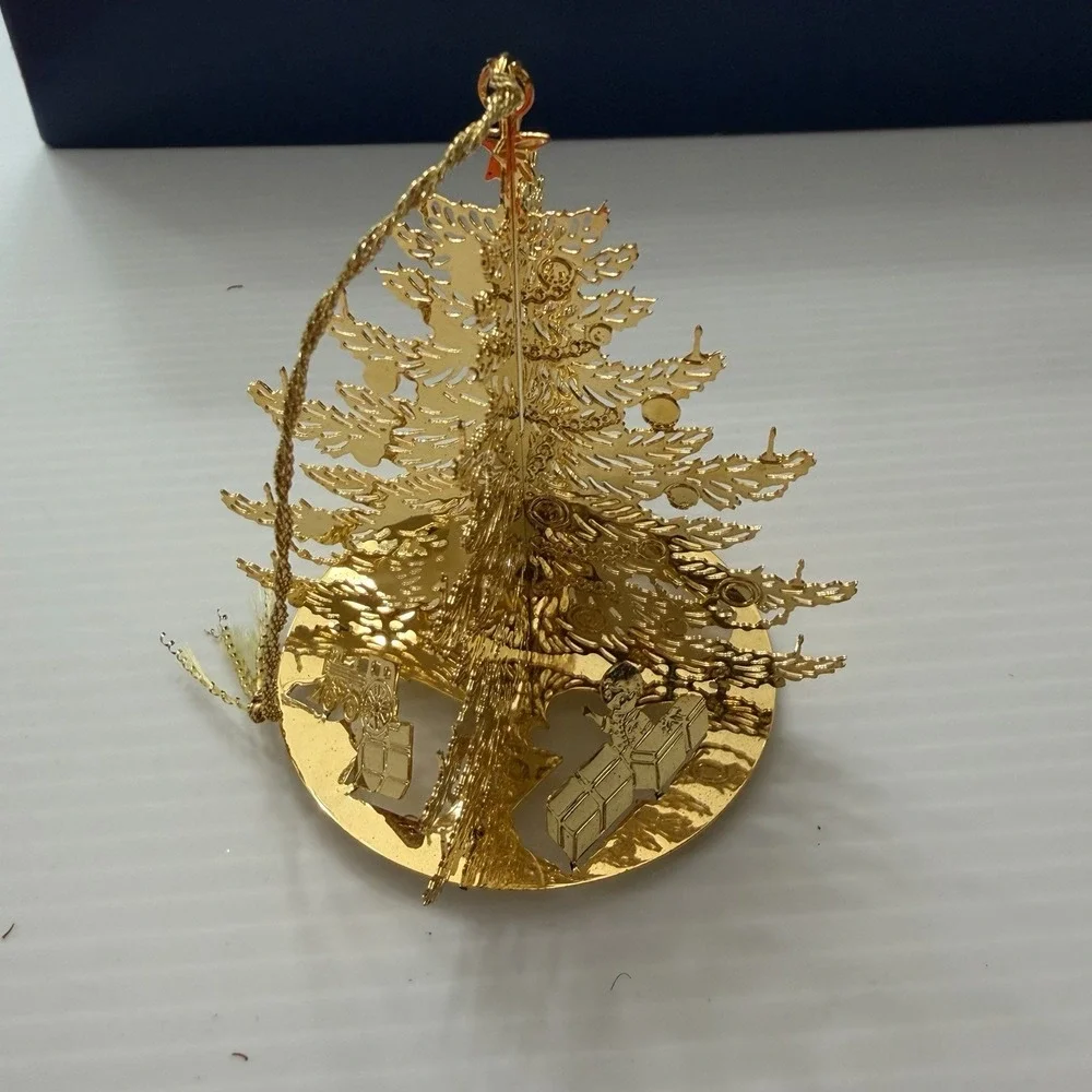 Vintage Gold Tone 3D Christmas Tree Ornament Folding Filigree &circle Ornaments